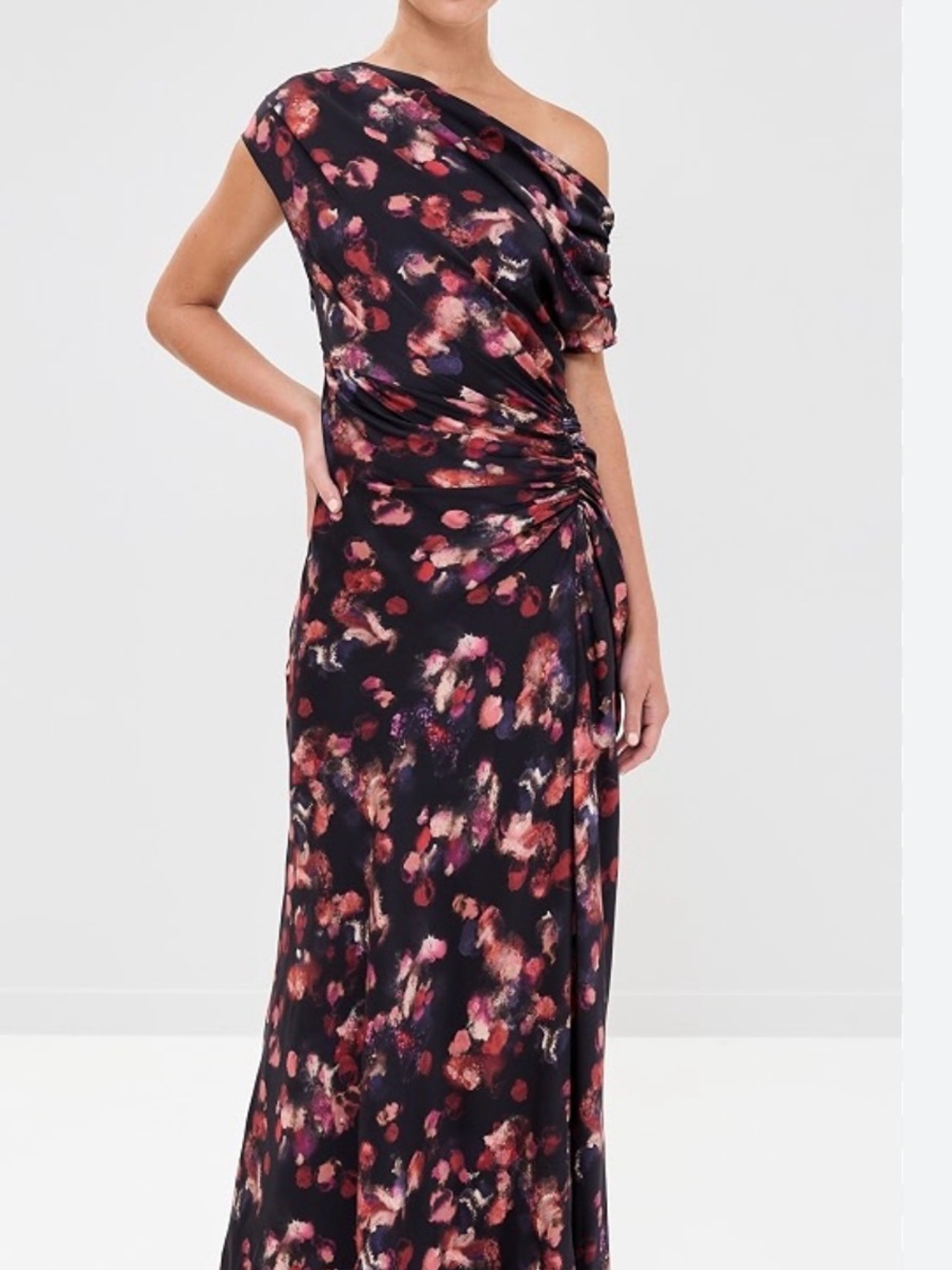 A.L.C. Poppy Gown-One Shoulder Navy Floral Ruched Maxi Dress. Pink accents